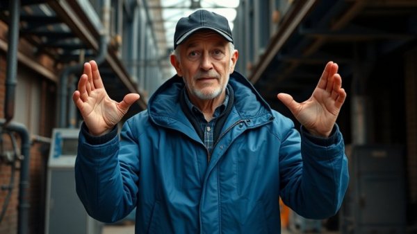 Martial artist in blue jacket with hands raised defensively.