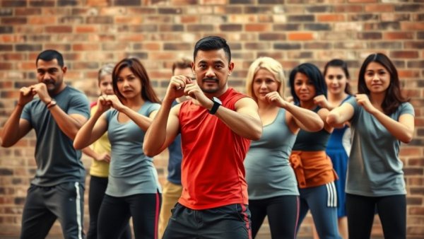 Diverse adults in self-defense stance at women's fitness class in Hollister.