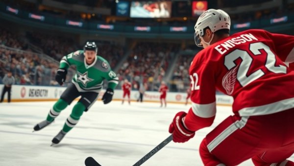 Red Wings vs Dallas Stars intense hockey action game.