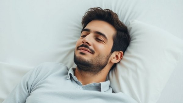 Content man relaxing on bed, serene atmosphere.