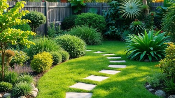 Lush garden with stepping stones and vibrant plants in Muskegon.
