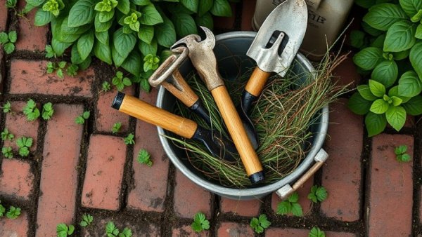 Gardening bucket with weeds and tools for lawn fertilization and weed control services.