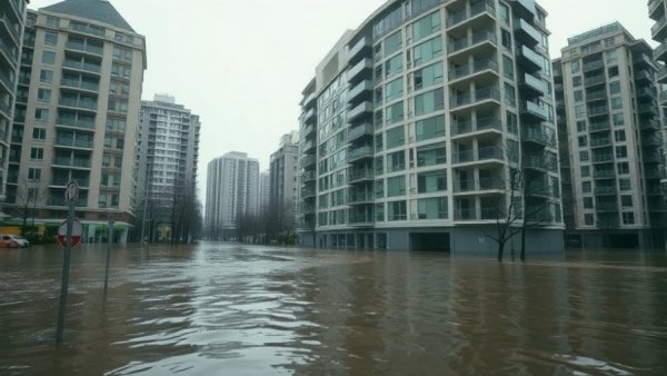 Urban apartment with floodwaters symbolizing rental property oversight services.