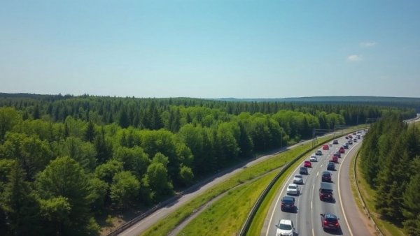 Michigan highway roadwork under clear skies with traffic and greenery.
