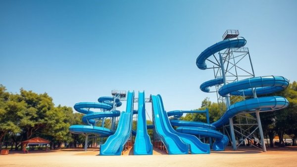Tall blue water slides in a park, clear sky, Michigan construction delays lawsuit connection.