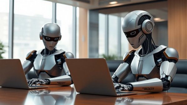 AI robots at a conference table with laptops discussing AI stocks and investment opportunities.
