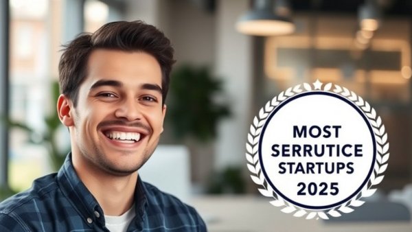 Award badge for most disruptive MBA startups 2025 next to smiling man.