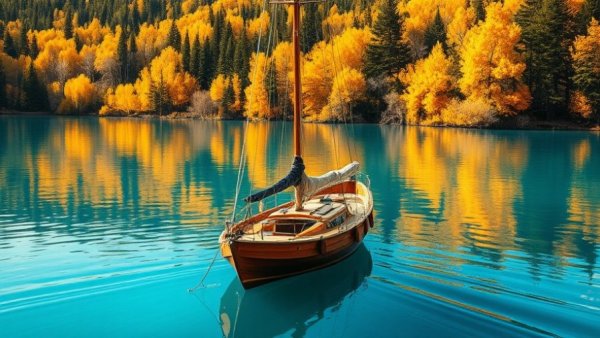 Scenic sailboat on a tranquil autumn lake in Northern Michigan.