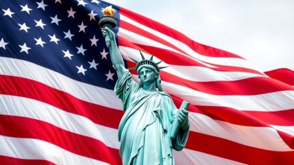 Iconic Statue of Liberty with American flag background for Michigan travel guide 2024.