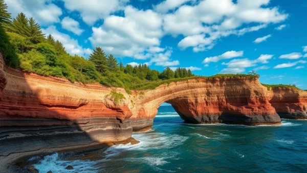 Stunning Pictured Rocks coastal cliffs with vibrant greenery.