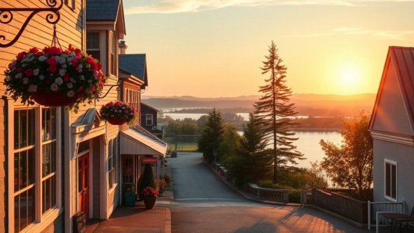 Charming Michigan small-town street at sunrise.