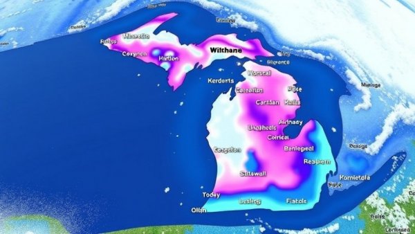 Michigan weather map illustrating snowfall predictions with city labels.