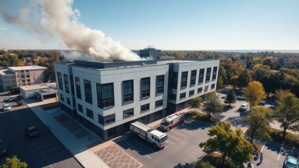 Aerial view of building with smoke in Michigan synagogue attack details.