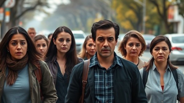 Group of concerned individuals walking urgently outdoors in a suburb.