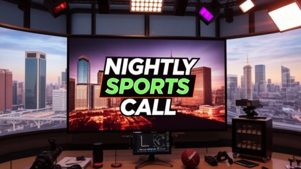 TV broadcast with Nightly Sports Call logo over city skyline.