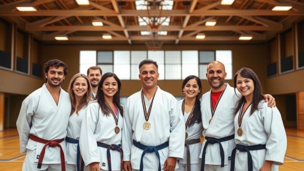 Martial artists and judges at Donegal Karate Championships in a gymnasium.