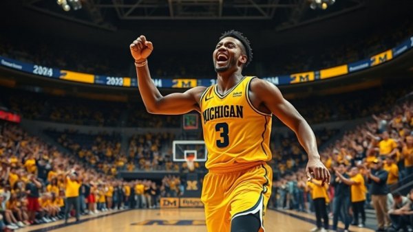 Michigan Wolverines player celebrating on basketball court.