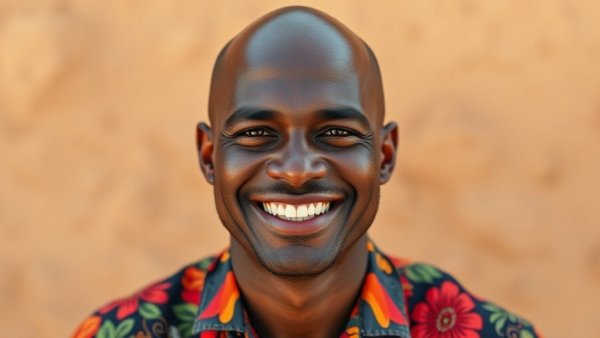 Photorealistic smiling bald man portrait with vibrant shirt.
