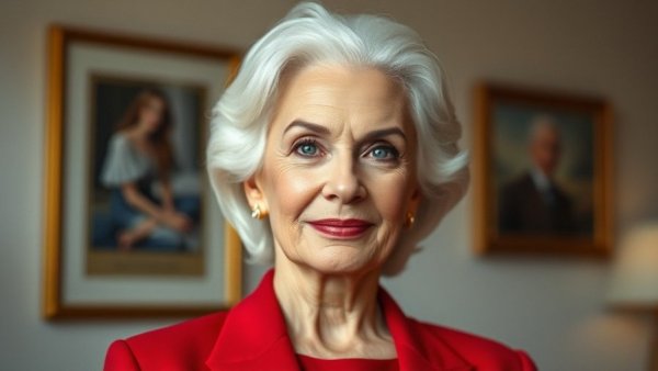 Elegant older woman in red attire, confident expression