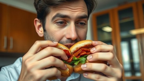 Casual man enjoying a meal in an office setting, digital marketing strategy.