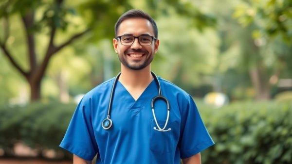 Healthcare worker in blue scrubs smiling confidently outdoors.