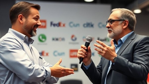 Engaged discussion between two men on revenue management in property management systems.