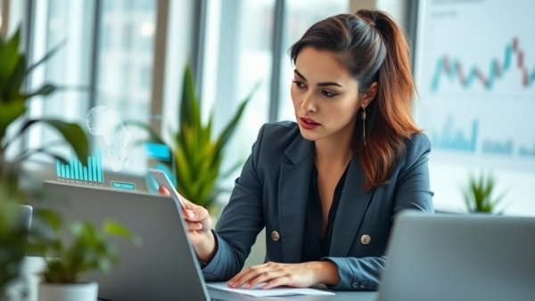 Businesswoman reviewing AI data to prevent employee AI misuse in office.