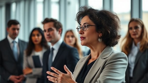 Senior businesswoman discussing AI adoption in modern office.