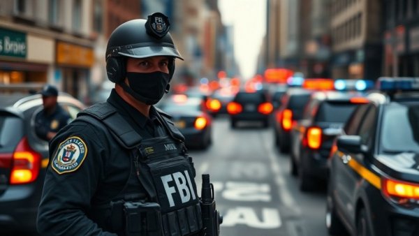 FBI agent at Michigan synagogue attack scene with police vehicles.