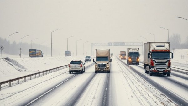 Heavy traffic on snowy Michigan highway during blizzard conditions.