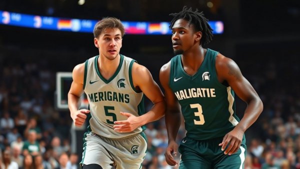 Michigan State basketball players on court during NCAA Tournament.