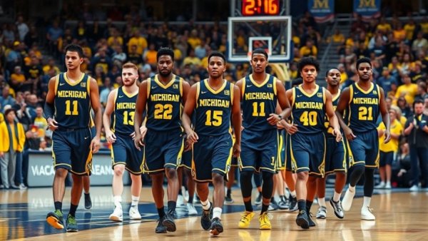 Michigan Wolverines team walking confidently on court at NCAA Tournament 2026.
