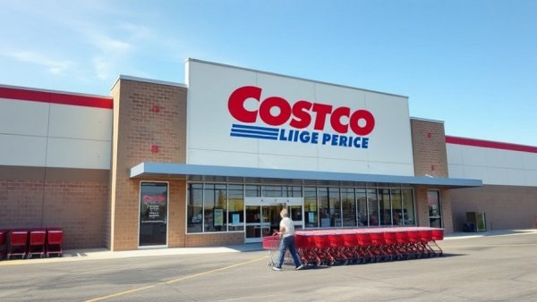 Costco storefront with person and shopping cart in parking lot.