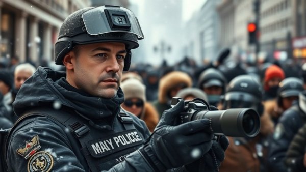 Tactical officer documenting with phone during snowy surveillance.