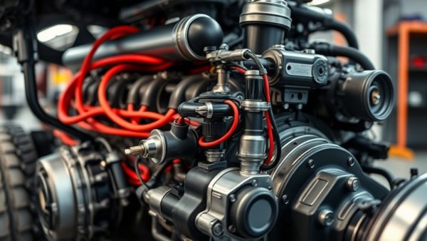 Electric vehicle engine showing vibrant components in a workshop.