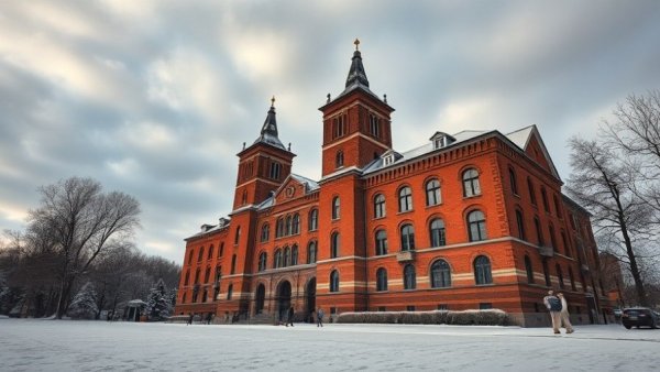 Historic brick building with snow in Muskegon.