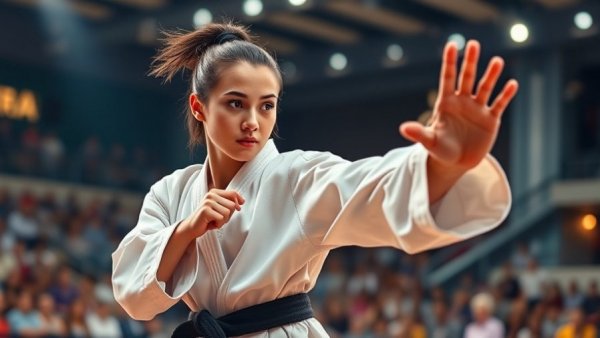 Karate lessons Gurnee: Female athlete executing kata in dynamic sports setting.