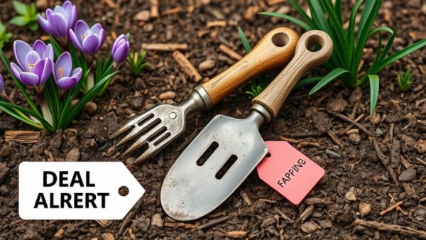 Spring discounts on garden tools; shovel with soil and flowers.