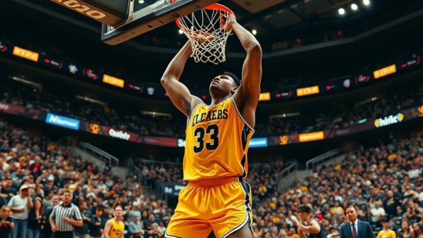 Michigan basketball player attempts dunk in NCAA Tournament, dynamic scene.