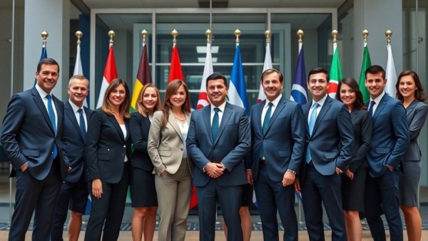Group in formal attire at international meeting with flags.