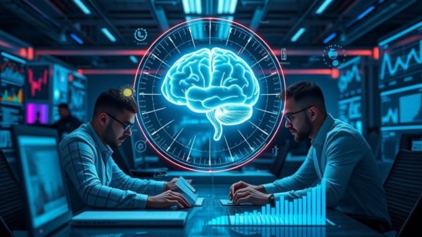 Futuristic scene of professionals analyzing content intelligence data, highlighting market growth.