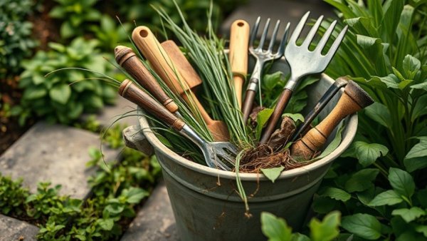 Close-up of bucket with weeds and gardening tools, lawn care.