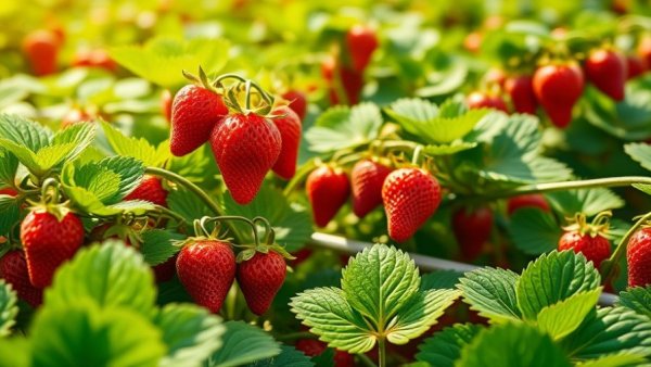Lush strawberry plants in sunlight, ripe red strawberries in March.