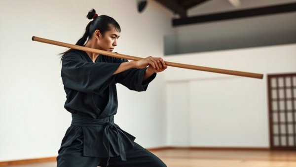Kobudo martial artist practicing with bo staff in dojo