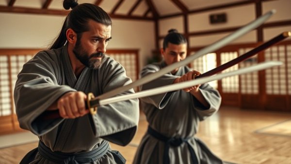 Older martial artists practicing kendo indoors, learn martial arts near Gurnee.