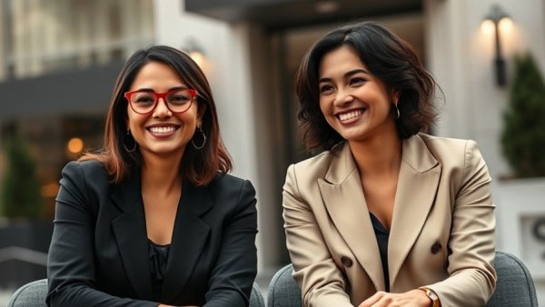 Two women in professional attire smiling, concept of marketing strategy in hospitality.