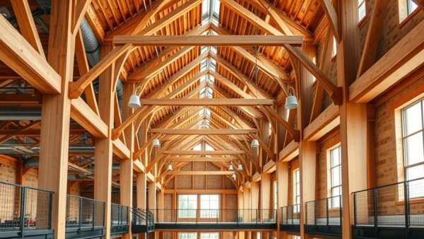 Interior of a mass timber construction building in Michigan, showcasing structural wood elements.