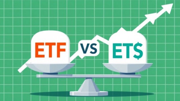 Comparison of ETFs VNQI vs ICF on a balance scale, green grid background.