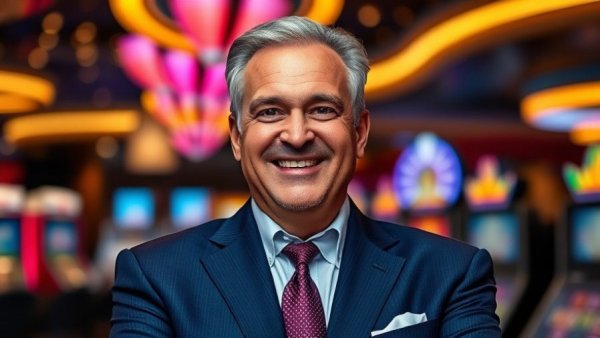 Confident man in a suit with a casino backdrop for Michigan tourism updates.