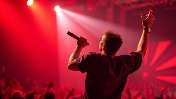 Energetic performer on stage under red lights at Michigan concert